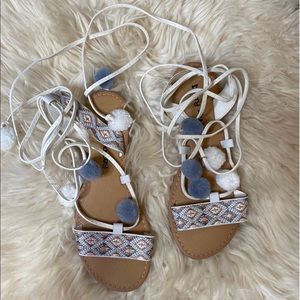 Lace Up Pom Pom Sandals